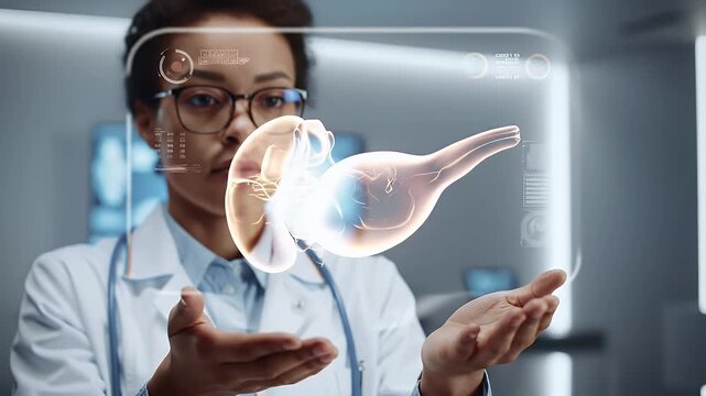 Female Doctor in White Coat Examines Holographic Pancreas Scan Display in Modern Laboratory Setting for Advanced Diagnosis and Treatment with Stethoscope