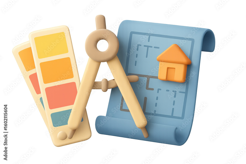 Poster 3d architectural design elements with color palette and drafting tools