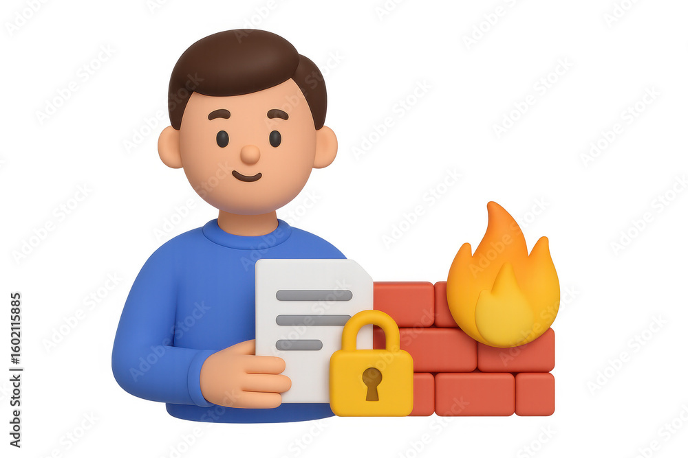 Aufkleber cybersecurity concept with 3d character holding a document near firewall and lock