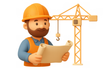 Construction worker reading blueprint in front of tower crane in 3d cartoon style