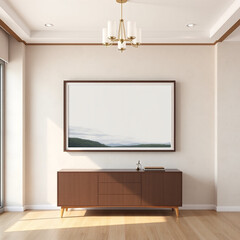 frame mockup of a blank canvas in a dining room stylish interior showcasing modern wall art above a buffet with a textured plaster wall in soft pastel colors elegant mid-century design 3d render perfe
