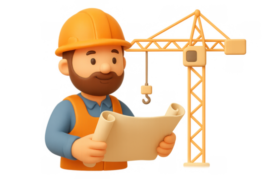 Construction worker reading blueprint in front of tower crane in 3d cartoon style