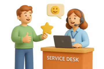 Friendly customer service interaction at help desk in 3d cartoon style