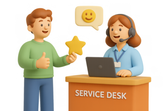 Friendly customer service interaction at help desk in 3d cartoon style