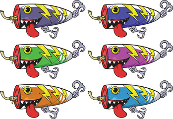 Colorful Cartoon Fishing Lure Characters with Tongue and Teeth
