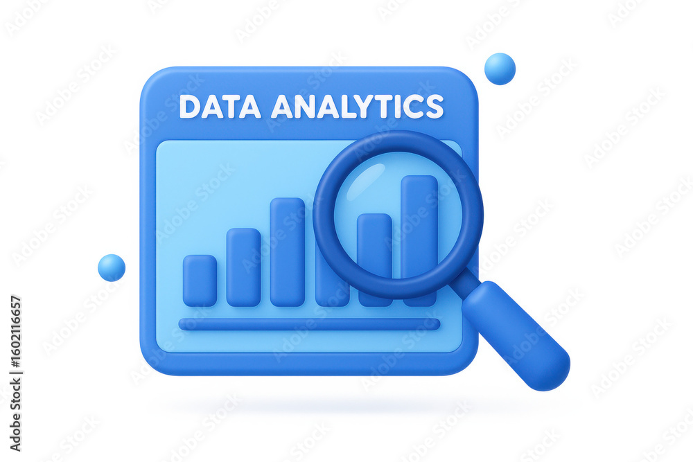 Aufkleber 3d data analytics chart with magnifying glass and bar graph on blue panel