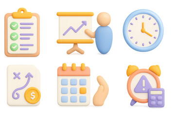 3d cartoon style office icons for business and time management