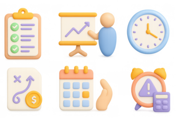 3d cartoon style office icons for business and time management