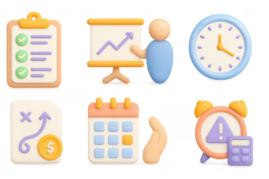 3d cartoon style office icons for business and time management