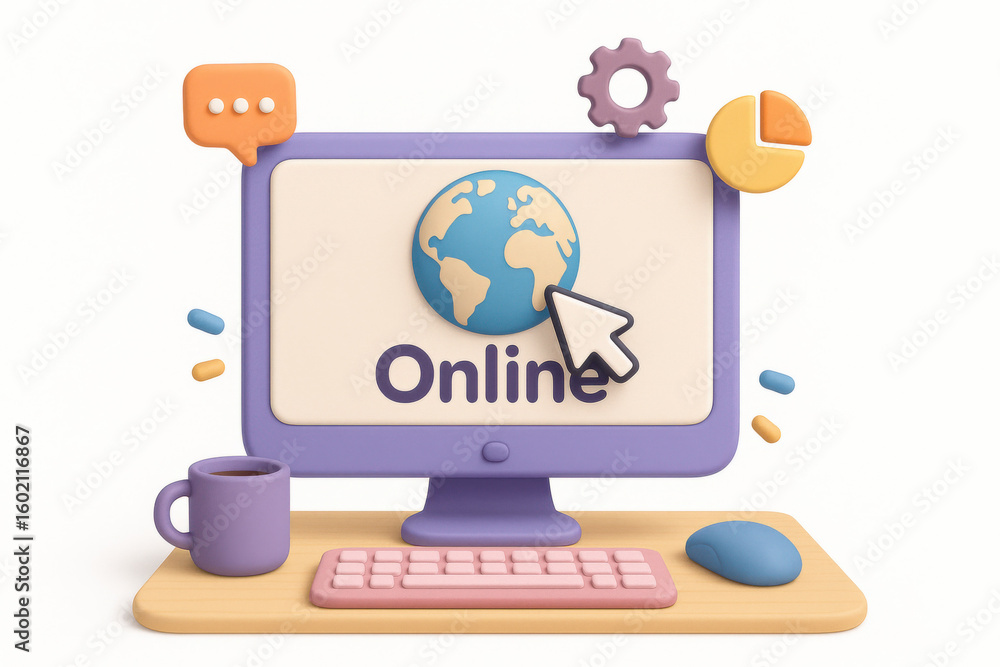 Aufkleber 3d online concept with computer and globe for digital communication