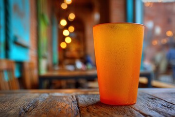 Orange plastic cup on a wooden table in a cafe.