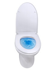 A toilet bowl with the lid open and blue detergent being poured into the bowl PNG transparent.