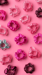 Symmetrical arrangement of colorful silky scrunches on pink background