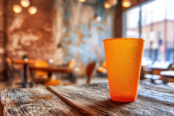 Orange plastic cup on a rustic wooden table in a cafe.