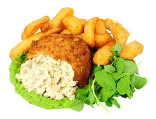 Fish cake filled with cod and creamy mashed potato with chips,  vivid green pea puree and pea shoot...