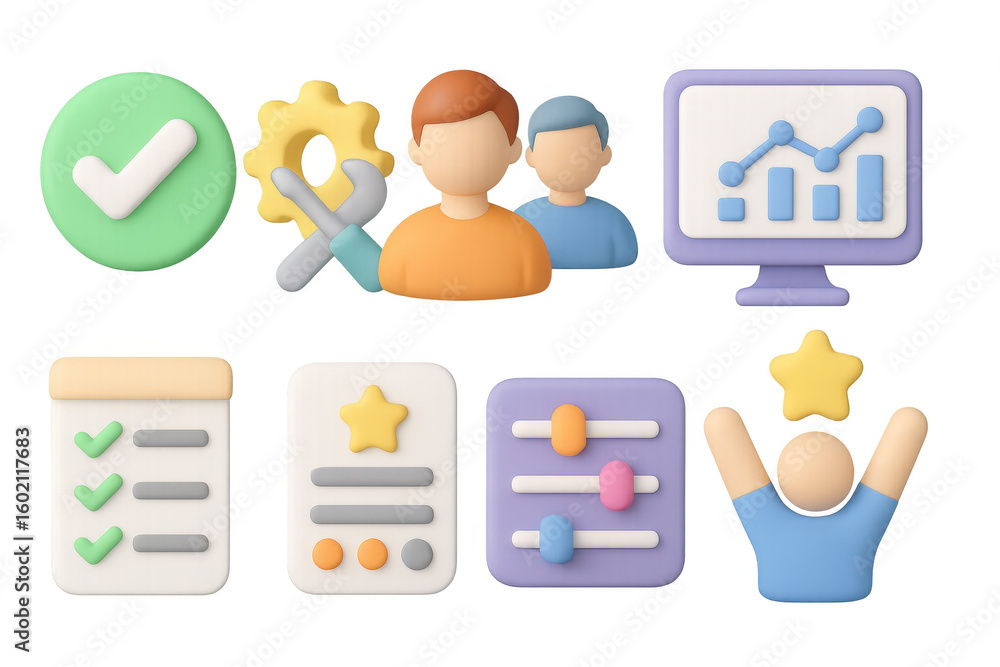 Poster 3d icons of collaboration and productivity tools with checklists and charts