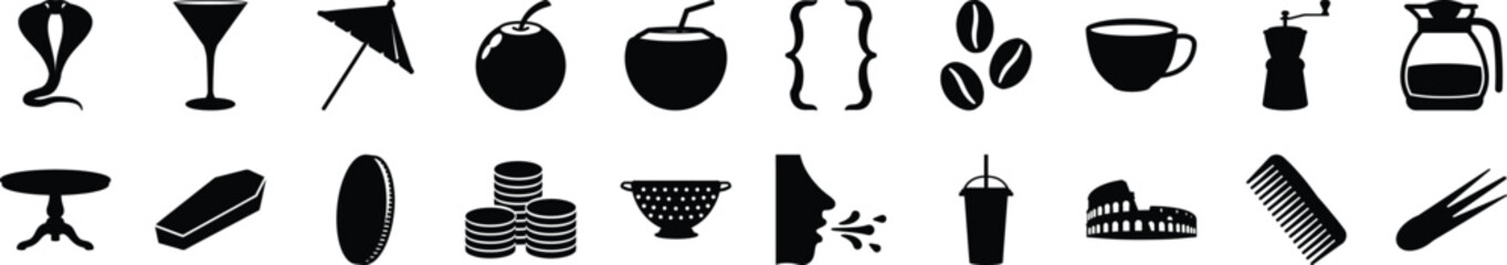 Silhouette Icon Set - Collection of 20 Minimal Black Icons on White Background - A modern and minimalist set of 20 black silhouette icons presented in a horizontal line on a white background. 