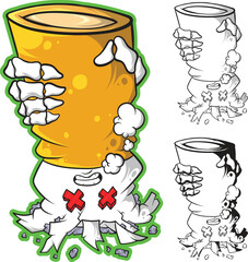 Funny Cigarette Butt Monster with Skeleton Hands – Cartoon Vector