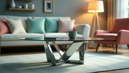 Modern glass coffee table in a stylish living room.