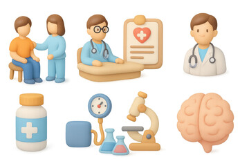 3d healthcare icons: doctor, patient, medical equipment illustrations
