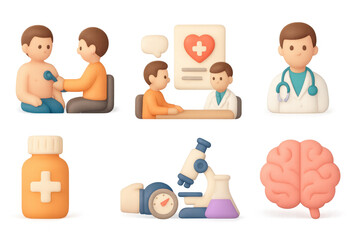 3d medical icons set featuring doctor, patient, equipment, and medicine