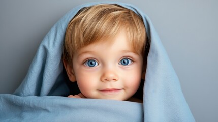 Sweet Baby with Blue Eyes Wrapped in Soft Blanket Under Gray Background