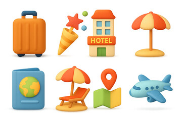 3d travel icon set: beach, hotel, airplane, and vacation essentials