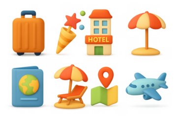 3d travel icon set: beach, hotel, airplane, and vacation essentials