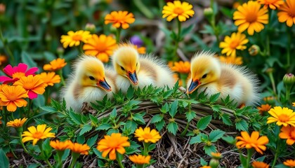 Three fluffy ducklings feast on knotweed amidst vibrant marigold blooms,  birds,  plants