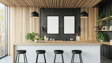 Modern kitchen with wood slatted walls and ceiling, dark grey backsplash, long island with four stools, and two blank framed posters.  Potted plants add life