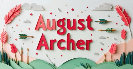 Papercraft design features names August Archer. Foliage, arrows, clouds create whimsical backdrop. Soft colors, layered textures present artistic scene.