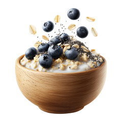 Wooden bowl filled with creamy oatmeal topped with fresh blueberries and chia seeds isolated on white transparent background, concept of healthy breakfast