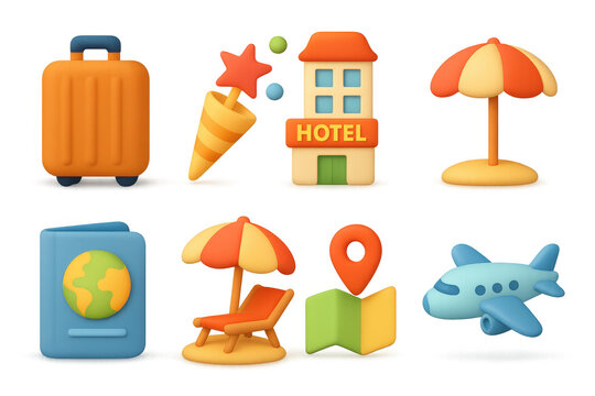 3d travel icon set: beach, hotel, airplane, and vacation essentials