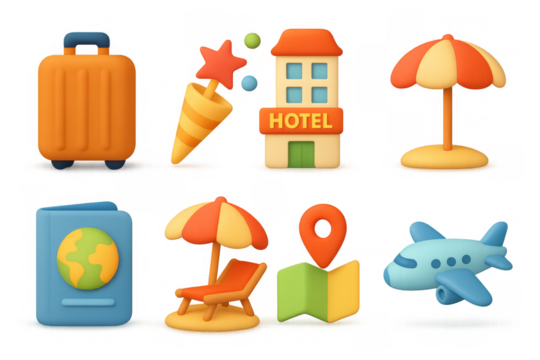 3d travel icon set: beach, hotel, airplane, and vacation essentials - Powered by Adobe