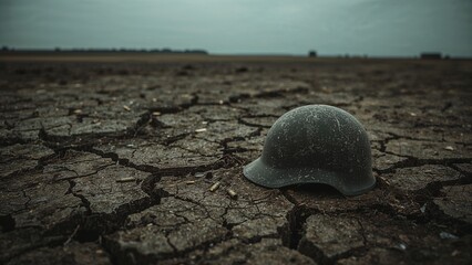 Close-up of a weathered military helmet lying on parched, cracked ground. Bullet casings and a vast barren field evoke themes of war, loss, and desolation.