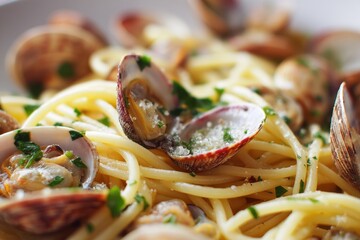 Zoomed in shot of tasty Italian spaghetti with clams