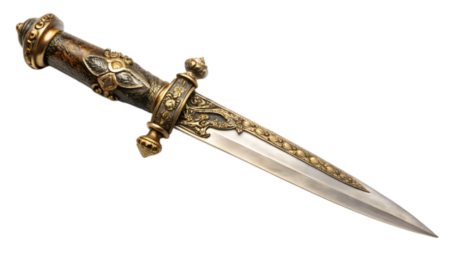 Ornate antique dagger with gold embellishments and a textured handle on a black background isolated on a transparent background