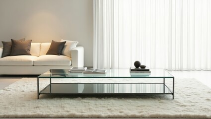 Modern glass coffee table in a minimalist living room.