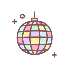 Cute disco ball icon. Hand drawn illustration of a shiny pastel disco ball with sparkles isolated on a white background. Kawaii sticker. Vector 10 EPS.
