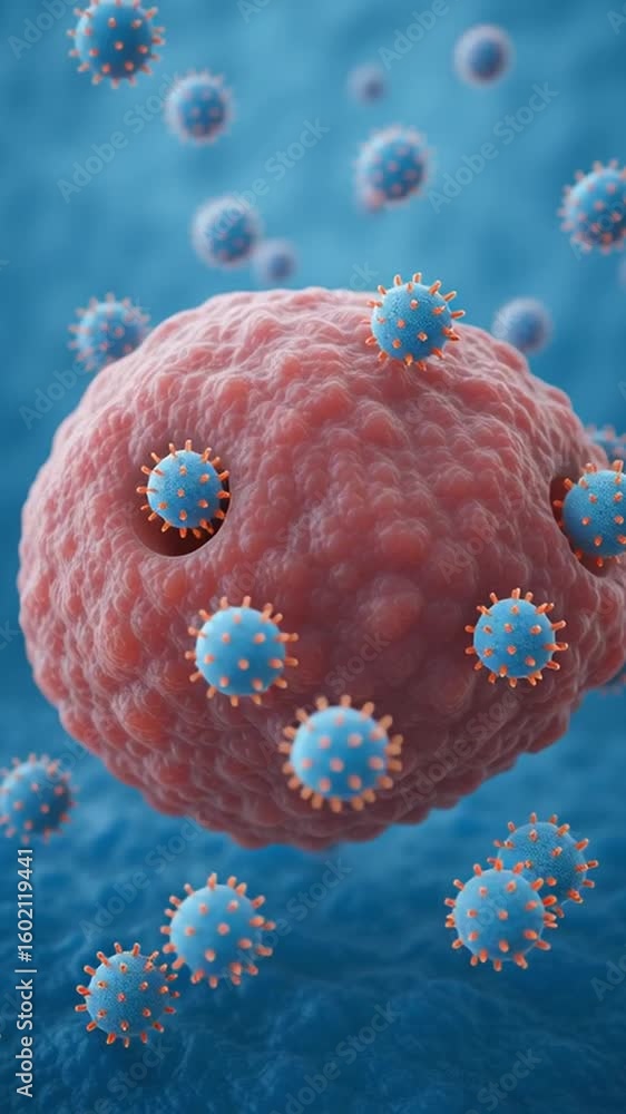 Poster virus particles surrounding large red cell blue environment showing microscopic infection biological