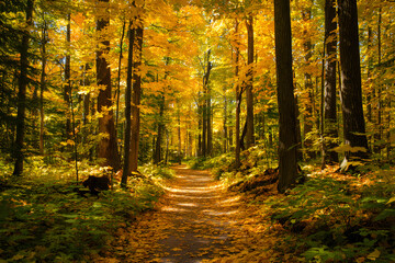 Fototapeta premium Golden Forest Trail: Journey Through Enchanted Wilderness with a Yellow Brick Road