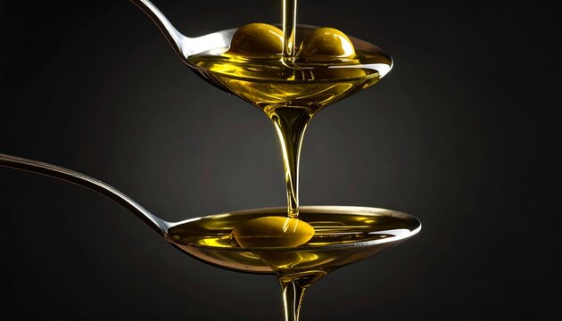 Olive oil pouring from spoons