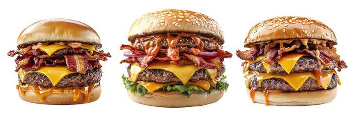 Set of juicy fast food burgers with several cutlets and a lot of bacon isolated on transparent background PNG