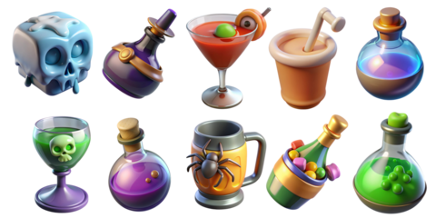 Halloween 3D Icon Set Spooky Elixirs Potions Drinks and Skull on Transparent Background Perfect for Creepy Designs 3D