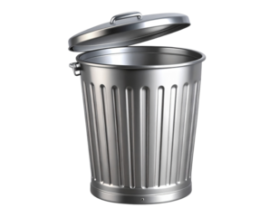 Metallic Trash Can with Swinging Open Lid – Realistic 3D Vector Style PNG