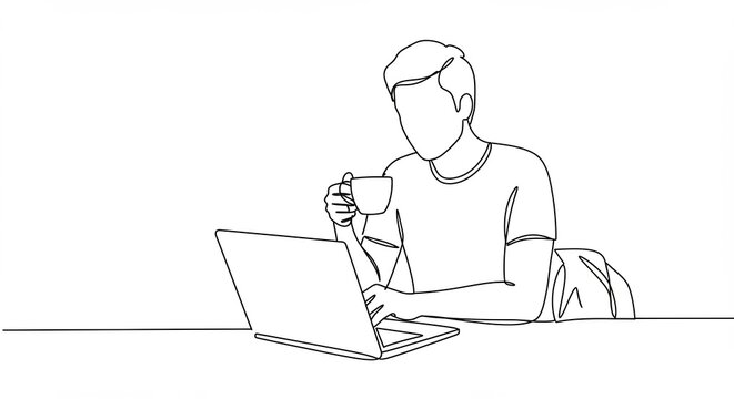 Person Using Laptop and Drinking Continuous Line Art