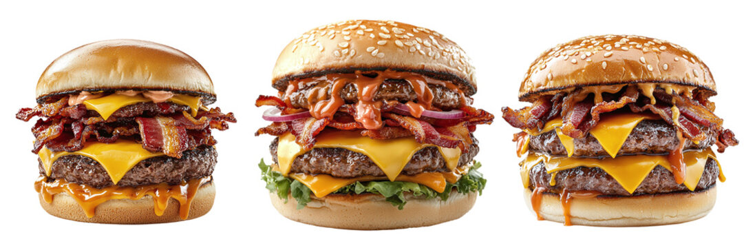 Set of juicy fast food burgers with several cutlets and a lot of bacon isolated on transparent background PNG