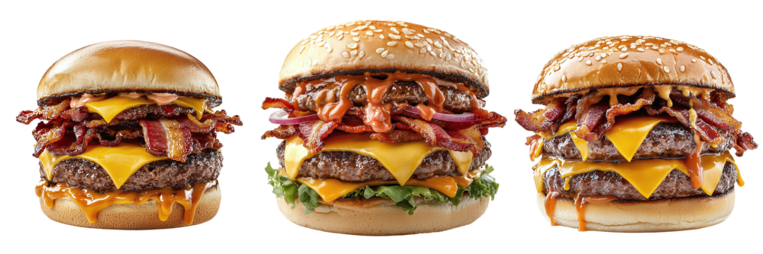 Set of juicy fast food burgers with several cutlets and a lot of bacon isolated on transparent background PNG