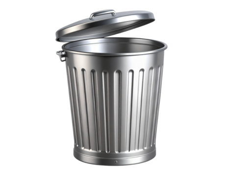 Metallic Trash Can with Swinging Open Lid – Realistic 3D Vector Style PNG