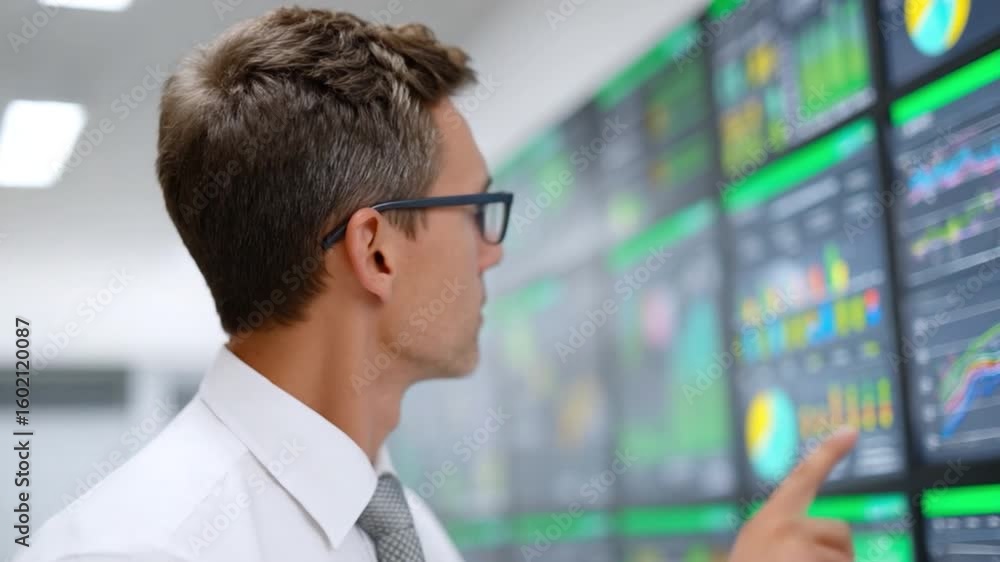 Aufkleber analyzing data: a focused professional studies complex information displayed on a series of screens,
